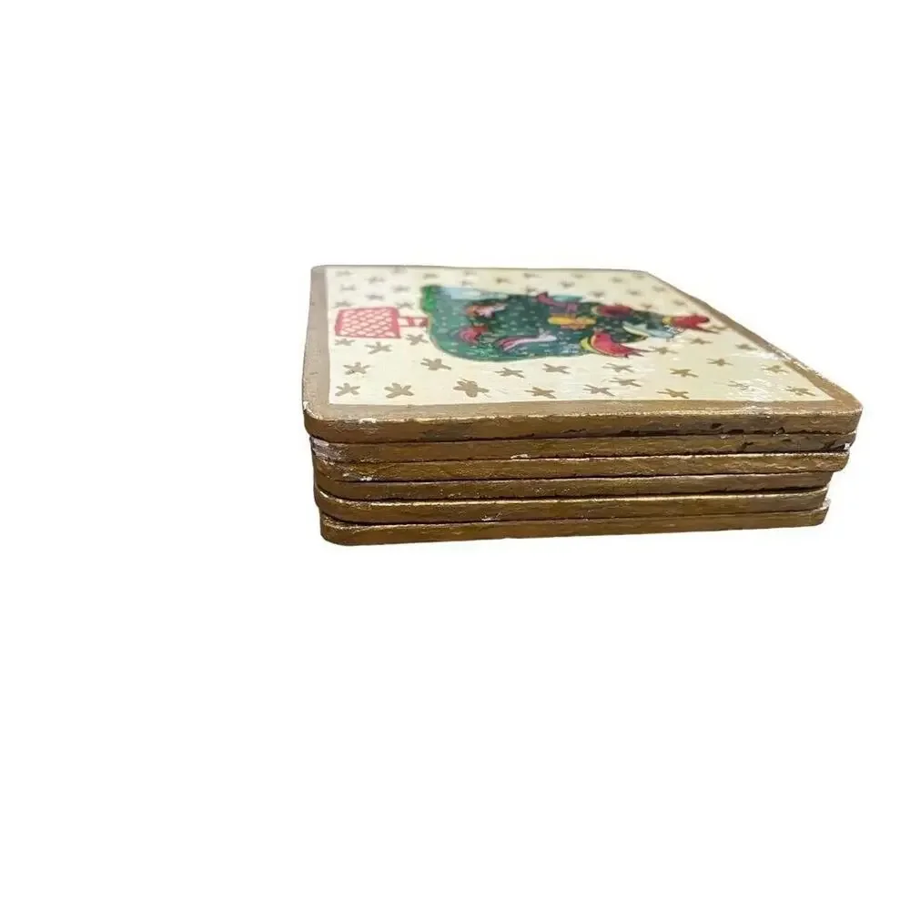 Foreside Painted Christmas Coasters Wooden Glossy Glaze With Box